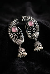 Antique Oxidized Silver Peacock Jhumka Drop Earrings with Pearl Beads (Navy Blue, Purple, Mint Green) - Onion pink