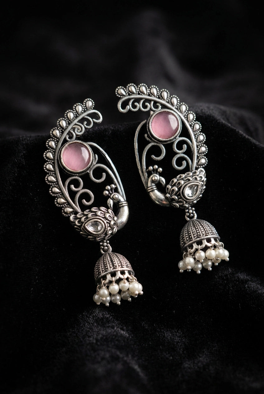 Antique Oxidized Silver Peacock Jhumka Drop Earrings with Pearl Beads (Navy Blue, Purple, Mint Green) - Onion pink