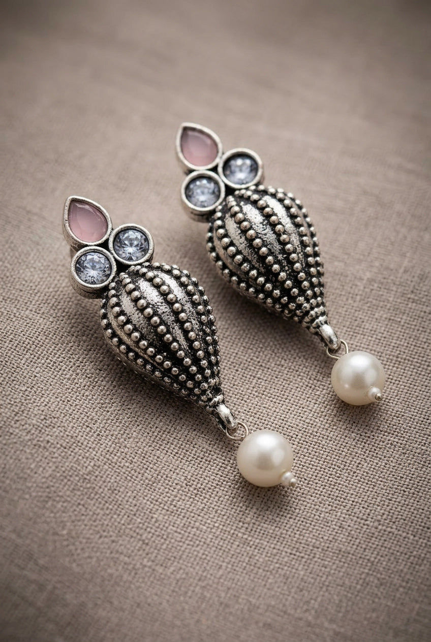 Antique Oxidized Silver Teardrop Jhumka Earrings with Pearls & Crystal Stones (1 Pair) - Onion pink
