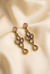 Sona Novelty Gold-Tone Drop Earrings with Multi Stone Teardrop Dangles for Traditional & Festive Wear - Onion pink