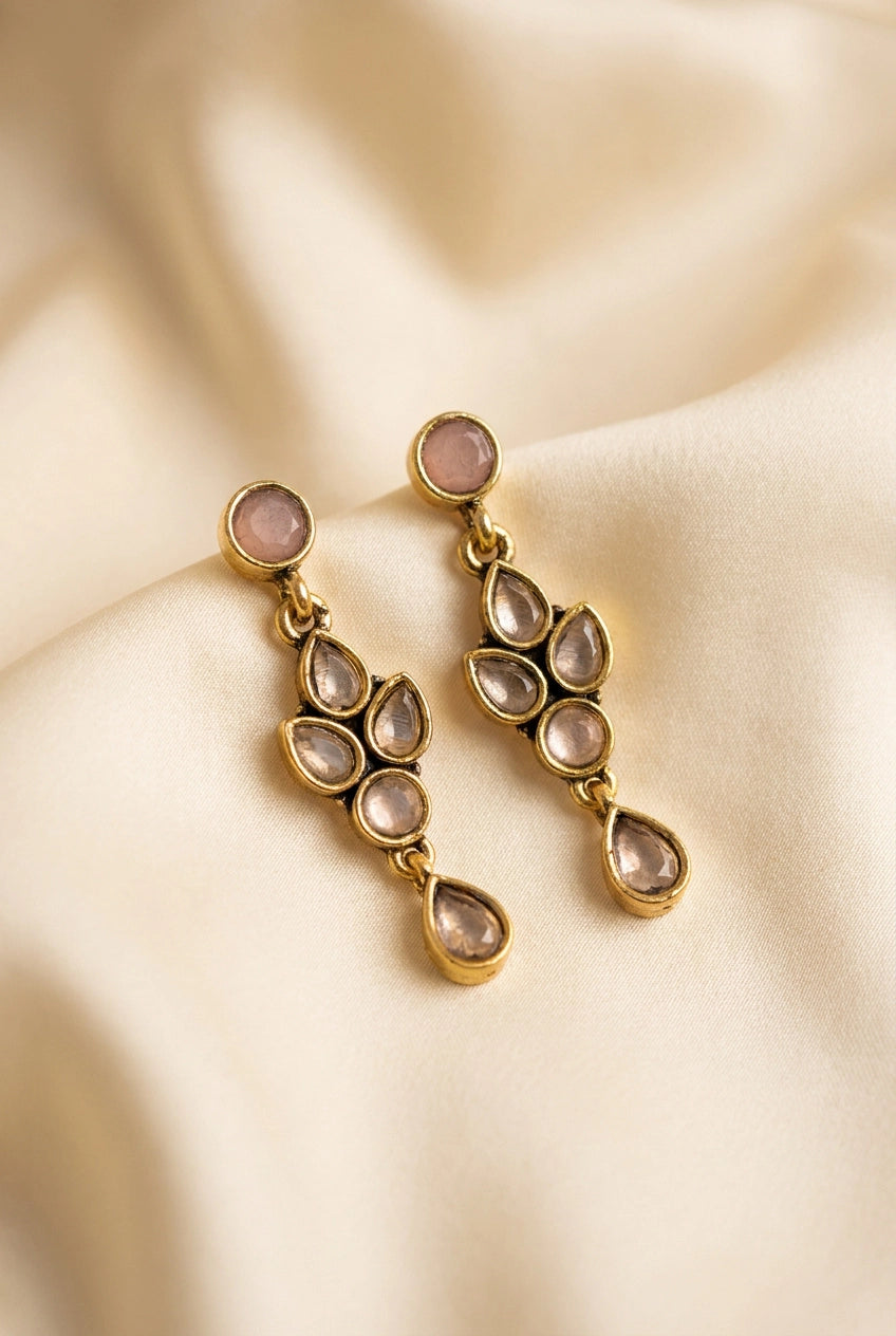 Sona Novelty Gold-Tone Drop Earrings with Multi Stone Teardrop Dangles for Traditional & Festive Wear - Onion pink