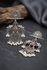 Oxidized Silver Oxidation Half-Moon Stud Dangler Earrings with Pearl Beads & Ethnic Carving for Festive Wear - Onion pink