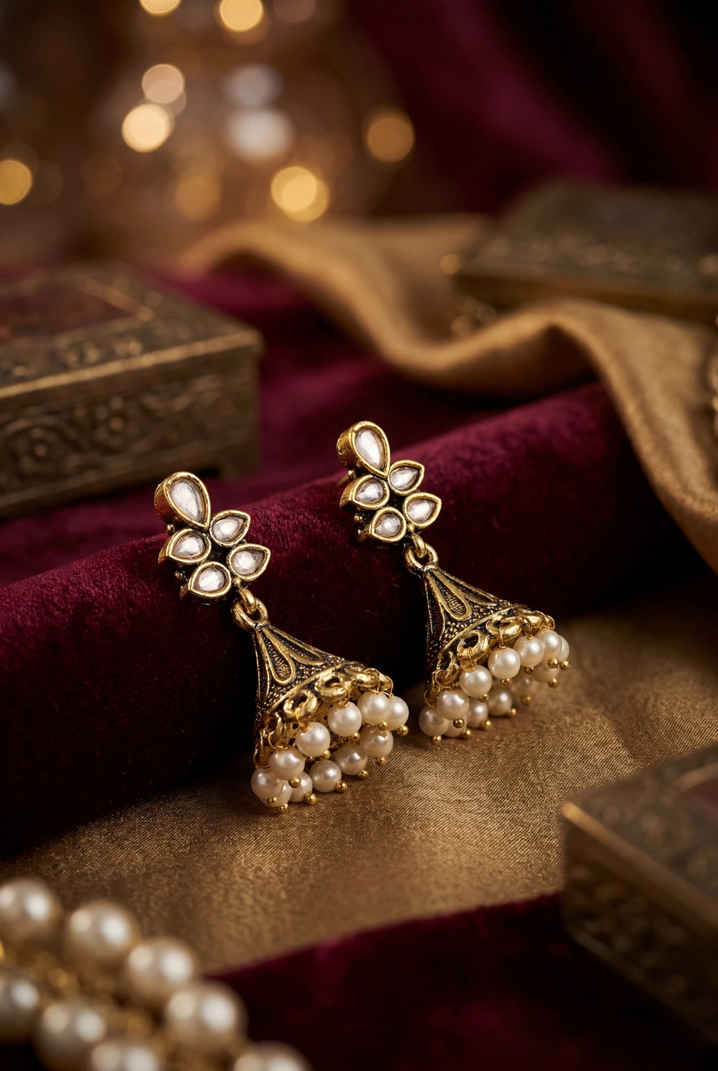 Floral Jhumka Earrings with Pearl Drops in Antique Gold-Tone Frame (Mint Green/Sea Blue/Onion Pink) - Onion pink
