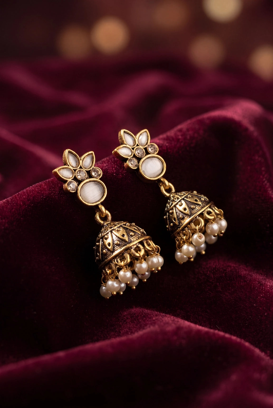 Floral Jhumka Earrings with Antique Gold-Tone Finish and Pearl Drop Dangles for Festive Wear - Onion pink
