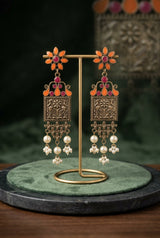 Floral Antique-Finish Dangler Earrings with Enamel & Pearl Bead Drops (Teal Blue/Navy or Orange/Pink) - Orange & Pink