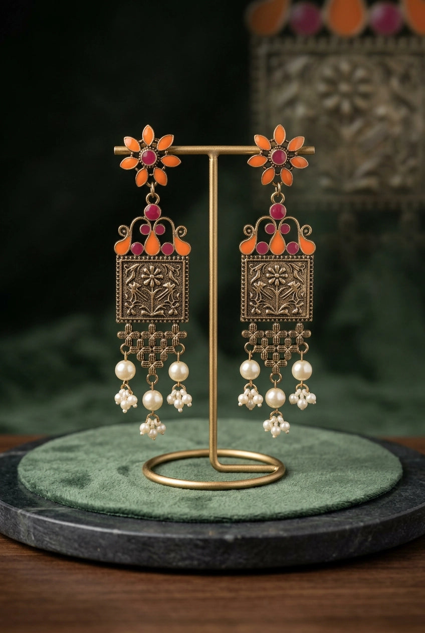 Floral Antique-Finish Dangler Earrings with Enamel & Pearl Bead Drops (Teal Blue/Navy or Orange/Pink) - Orange & Pink