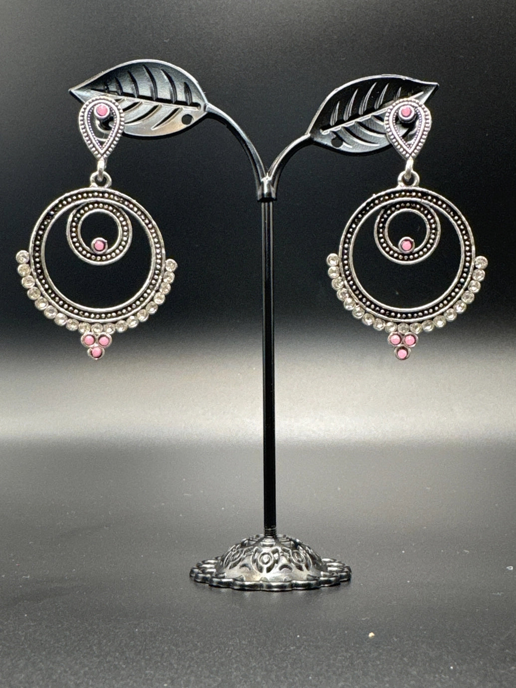 Oxidized Silver Spiral Drop Earrings with Coloured Stone Beads — 2 inch Traditional Indian Fashion Jewellery - Pink