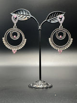 Oxidized Silver Spiral Drop Earrings with Coloured Stone Beads — 2 inch Traditional Indian Fashion Jewellery Jewelry JCS Fashions Pink 2 inch
