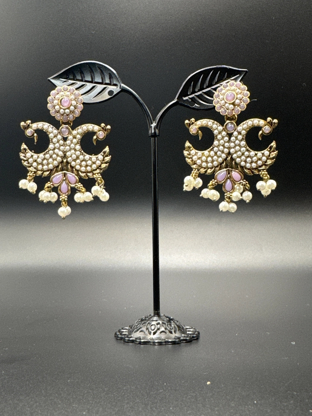 Antique Peacock Pearl Earrings – Gold-Tone Pearl-Studded Ethnic Earrings (2 inch) - Purple
