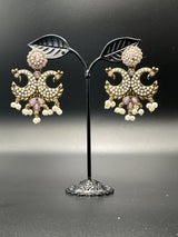 Antique Peacock Pearl Earrings – Gold-Tone Pearl-Studded Ethnic Earrings (2 inch) Jewelry JCS Fashions Purple 2 inch