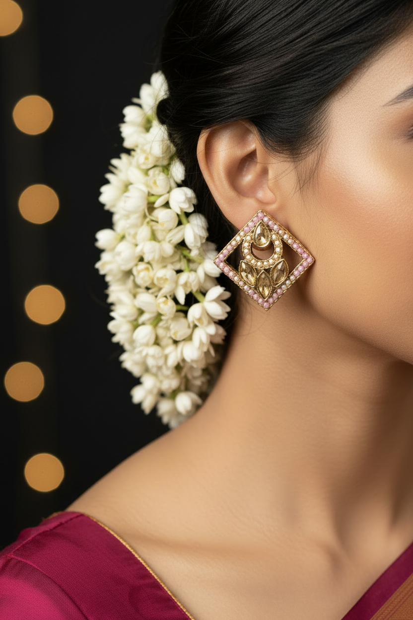 Green Geometric Kundan Stud Earrings with Bead