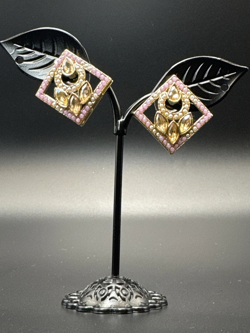 Geometric Kundan Stud Earrings with Bead Border - Gold-Tone Kundan Style (0.5 inch) - Purple