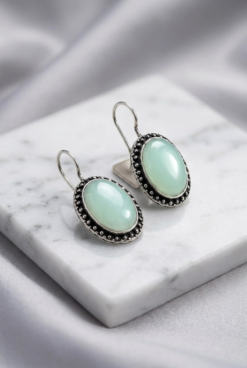 Oxidized Silver-Tone Oval Stone Drop Earrings, Dotted Antique Border, Pastel Green/Pink - Pastel Green