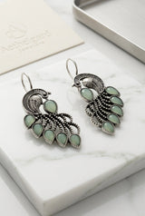 Oxidized Peacock Feather Drop Earrings in Silver-Tone with Peach/Green/Yellow Stones - Pastel Green