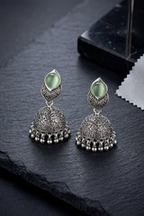 Oxidized Silver-Tone Jhumka Earrings with Round Stone & Leaf Connector, Gungroo Tassels - Pastel Green