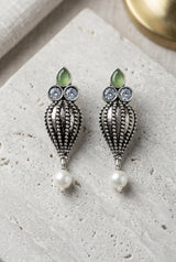 Antique Oxidized Silver Teardrop Jhumka Earrings with Pearls & Crystal Stones (1 Pair) - Green, Pastel green