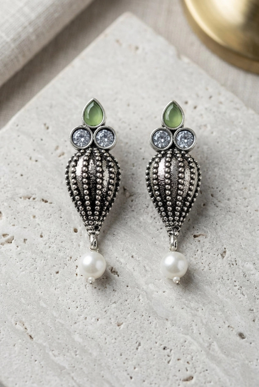 Antique Oxidized Silver Teardrop Jhumka Earrings with Pearls & Crystal Stones (1 Pair) - Green, Pastel green