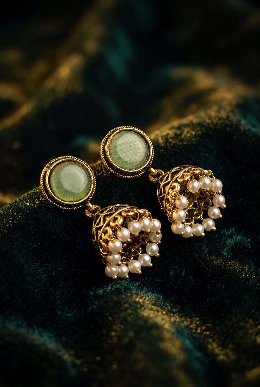 Antique Gold-Tone Jhumka Earrings with White Pearl Drops & Round Stone Stud in Royal/Sea/Pastel Green/Black - Pastel green