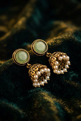 Antique Gold-Tone Jhumka Earrings with White Pearl Drops & Round Stone Stud in Royal/Sea/Pastel Green/Black - Pastel green