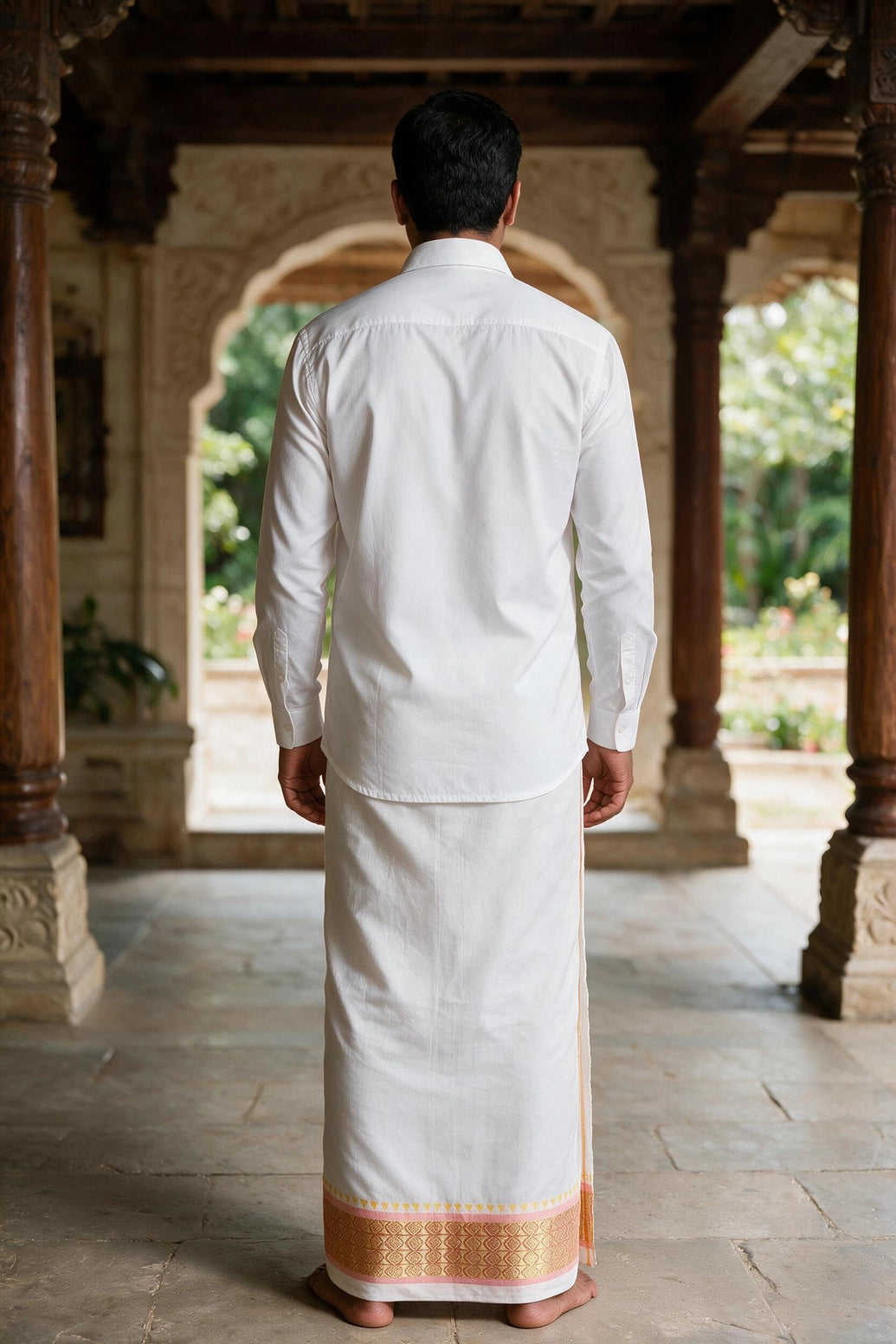 Men White Cotton Dhoti with 2-inch Gold Thread Work Border, 2 Metre Single Veshti - Peach