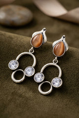Silver-Tone Stone Drop Earrings with Circular Cluster Design for Women - Peach