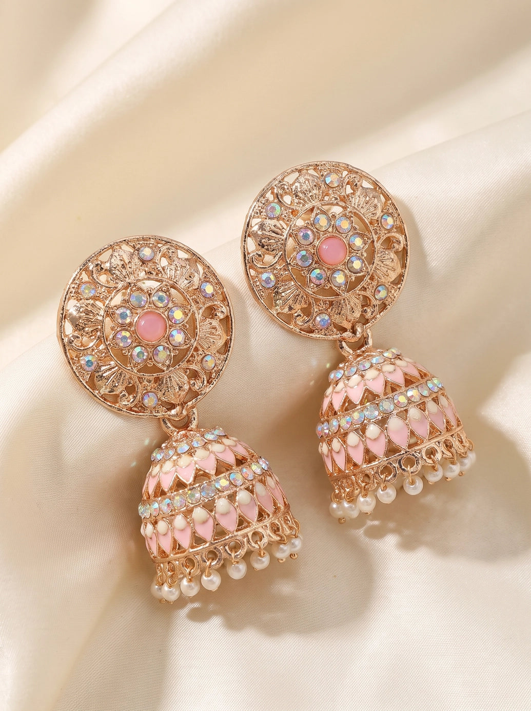 Traditional Jhumka Earrings Gold-Tone Floral Stud with Multicolor Stones and White Bead Drops (Black/Lavender/Peach) - Peach
