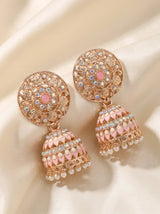 Traditional Jhumka Earrings Gold-Tone Floral Stud with Multicolor Stones and White Bead Drops (Black/Lavender/Peach) - Peach