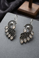 Oxidized Peacock Feather Drop Earrings in Silver-Tone with Peach/Green/Yellow Stones - Peach