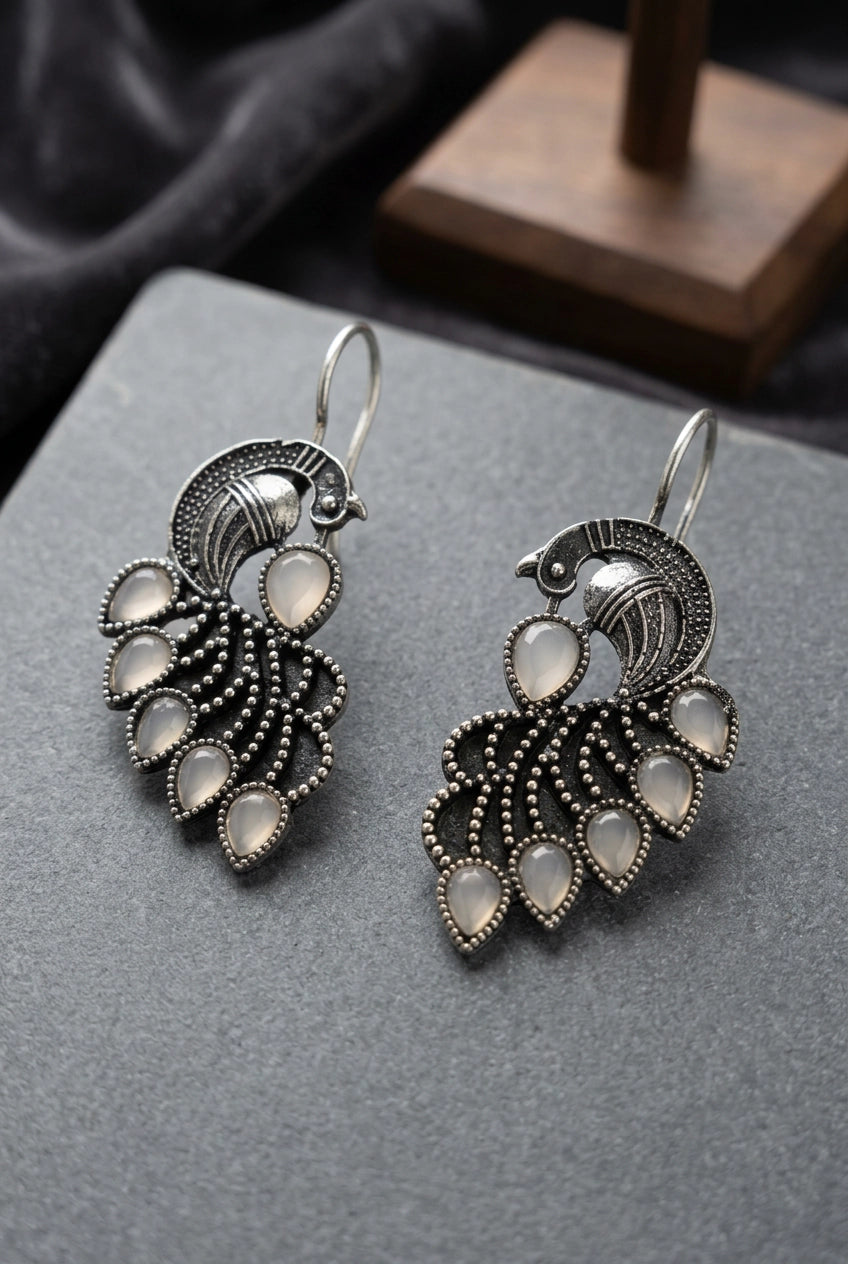 Oxidized Peacock Feather Drop Earrings in Silver-Tone with Peach/Green/Yellow Stones - Peach