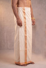 Men Off-White Cotton Dhoti with Woven Check Border and Zari Lines (2 Metre Single Veshti) - Peach