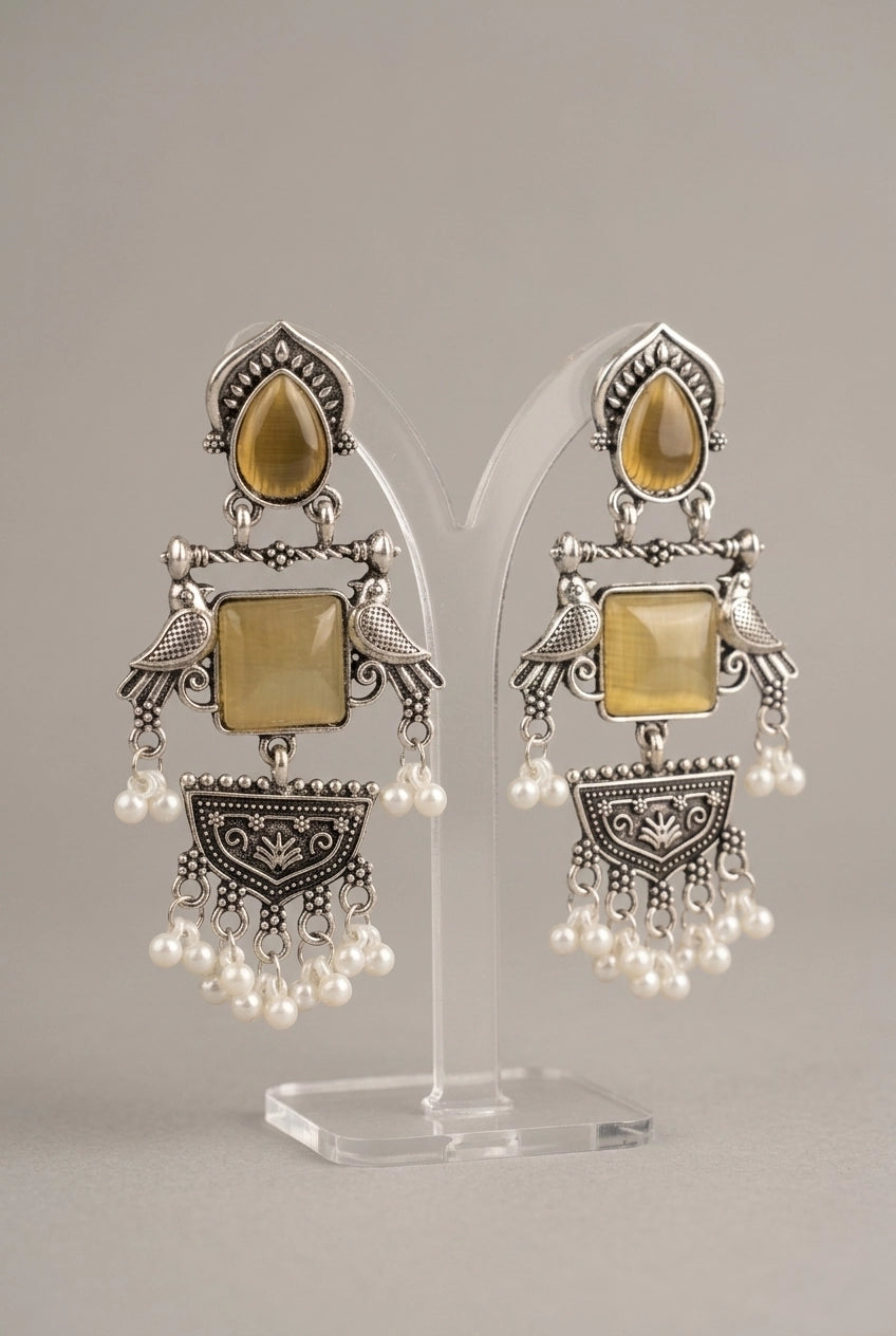 Oxidized Silver Teardrop & Square Stone Statement Earrings with Bird Motifs and Pearl Drops - Peach
