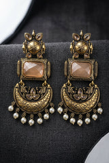 Traditional Antique Gold-Tone Statement Earrings with Pearl Drops and Coloured Stones - Peach