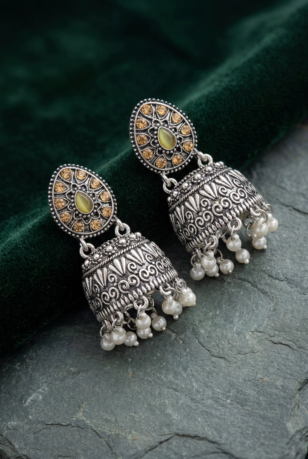 Oxidized Silver Tone Jhumka Earrings with Oval Stud Top & Filigree Teardrop Motif for Women - Peach