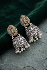 Oxidized Silver Tone Jhumka Earrings with Oval Stud Top & Filigree Teardrop Motif for Women - Peach
