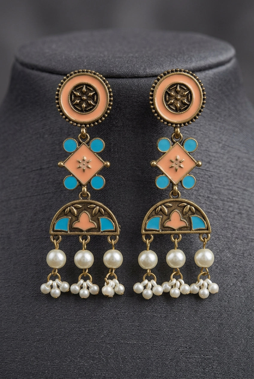 Antique Gold-Tone Ethnic Dangler Earrings with Teal/Mauve Enamel & Pearl Drops, Floral Motifs - Peach & Sky Blue