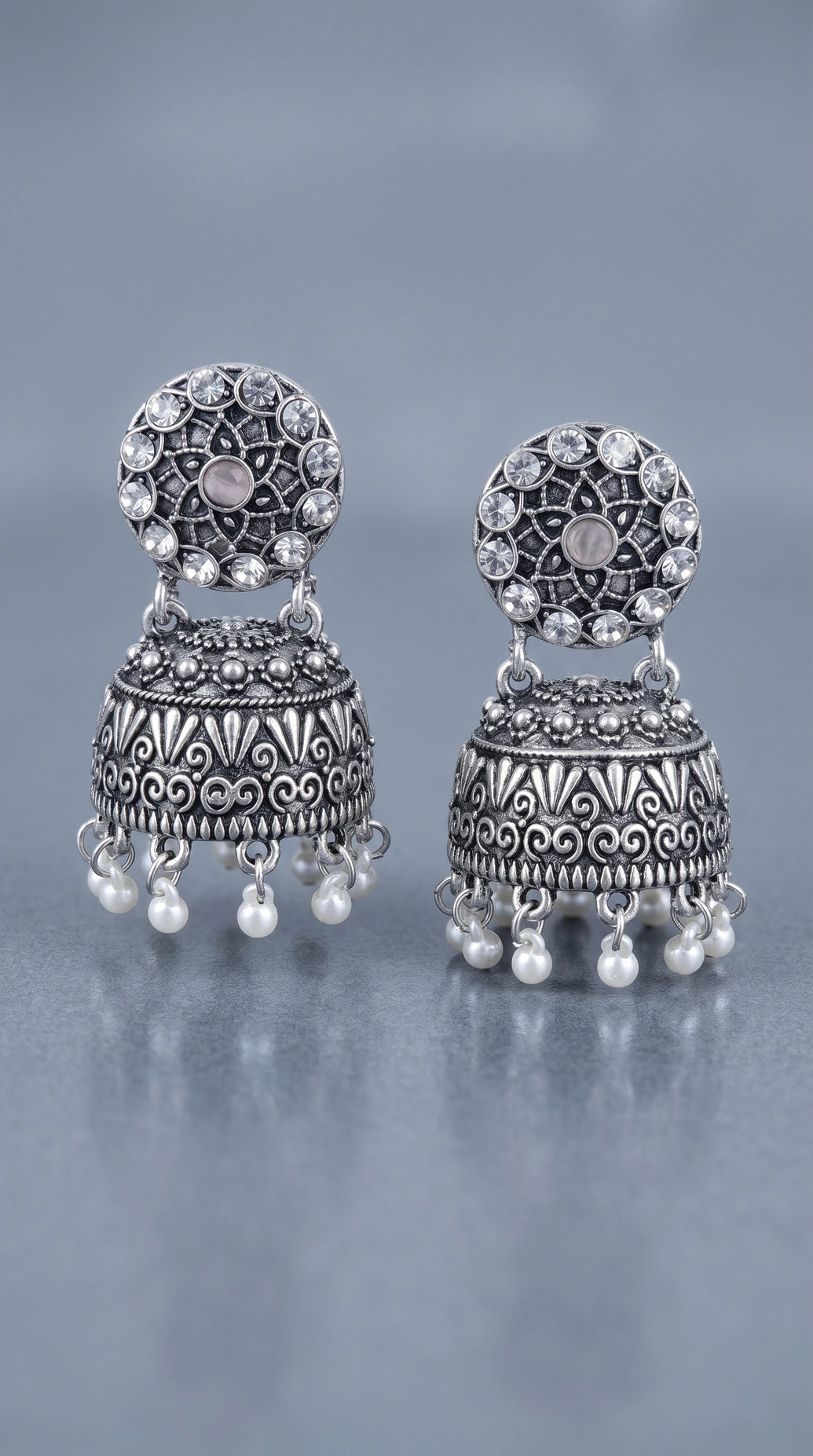 Oxidized Silver-Tone Jhumka Earrings with Studded Stones and Pearl Drops - Pink