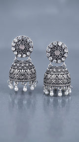 Oxidized Silver-Tone Jhumka Earrings with Studded Stones and Pearl Drops - Pink