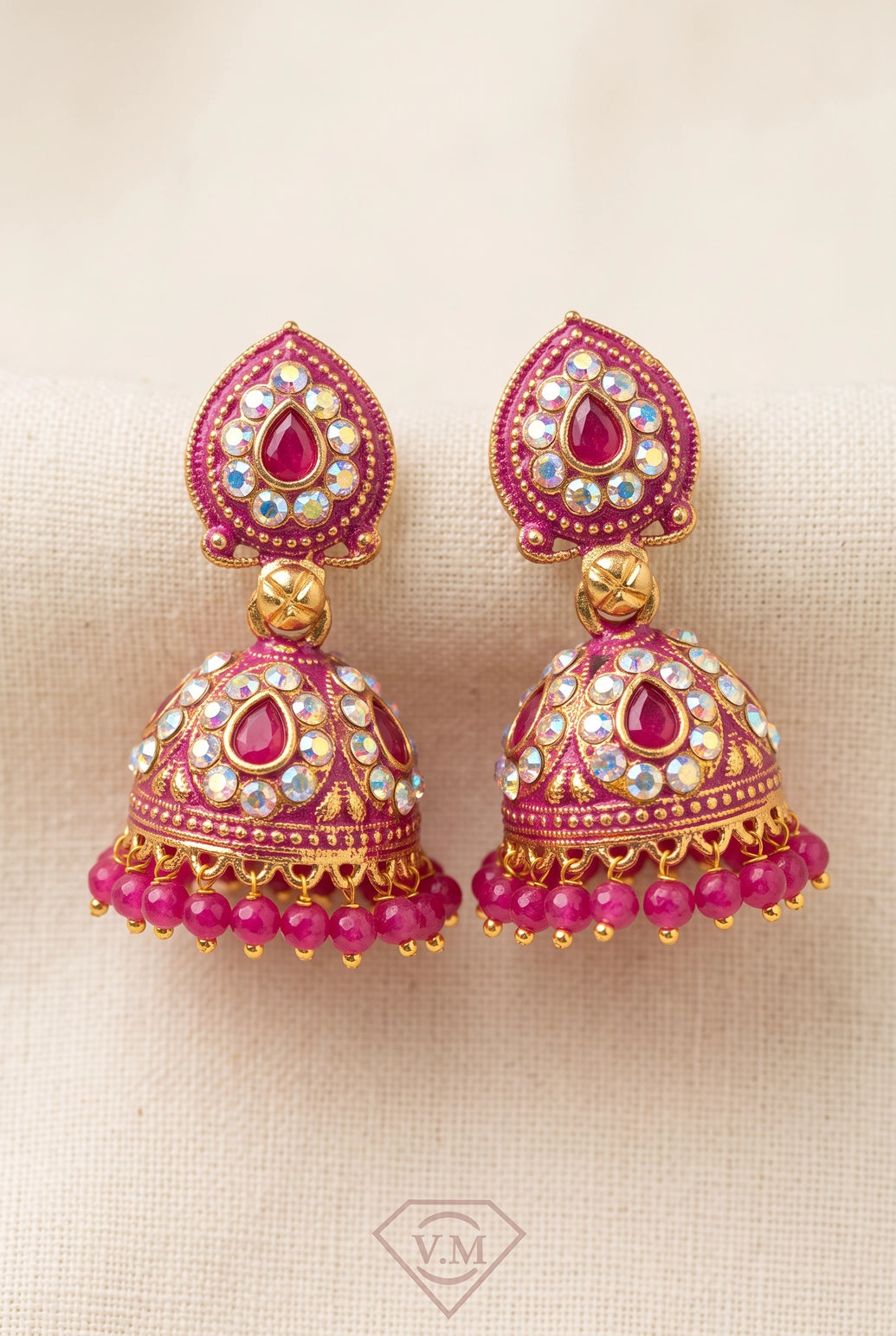 Pink Jhumka Earrings With Dome Design, Gold-Tone Detailing, White Stone Work And Beaded Tassels - Pink