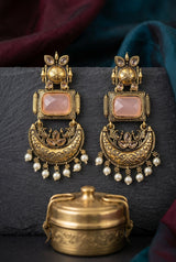 Traditional Antique Gold-Tone Statement Earrings with Pearl Drops and Coloured Stones - Pink