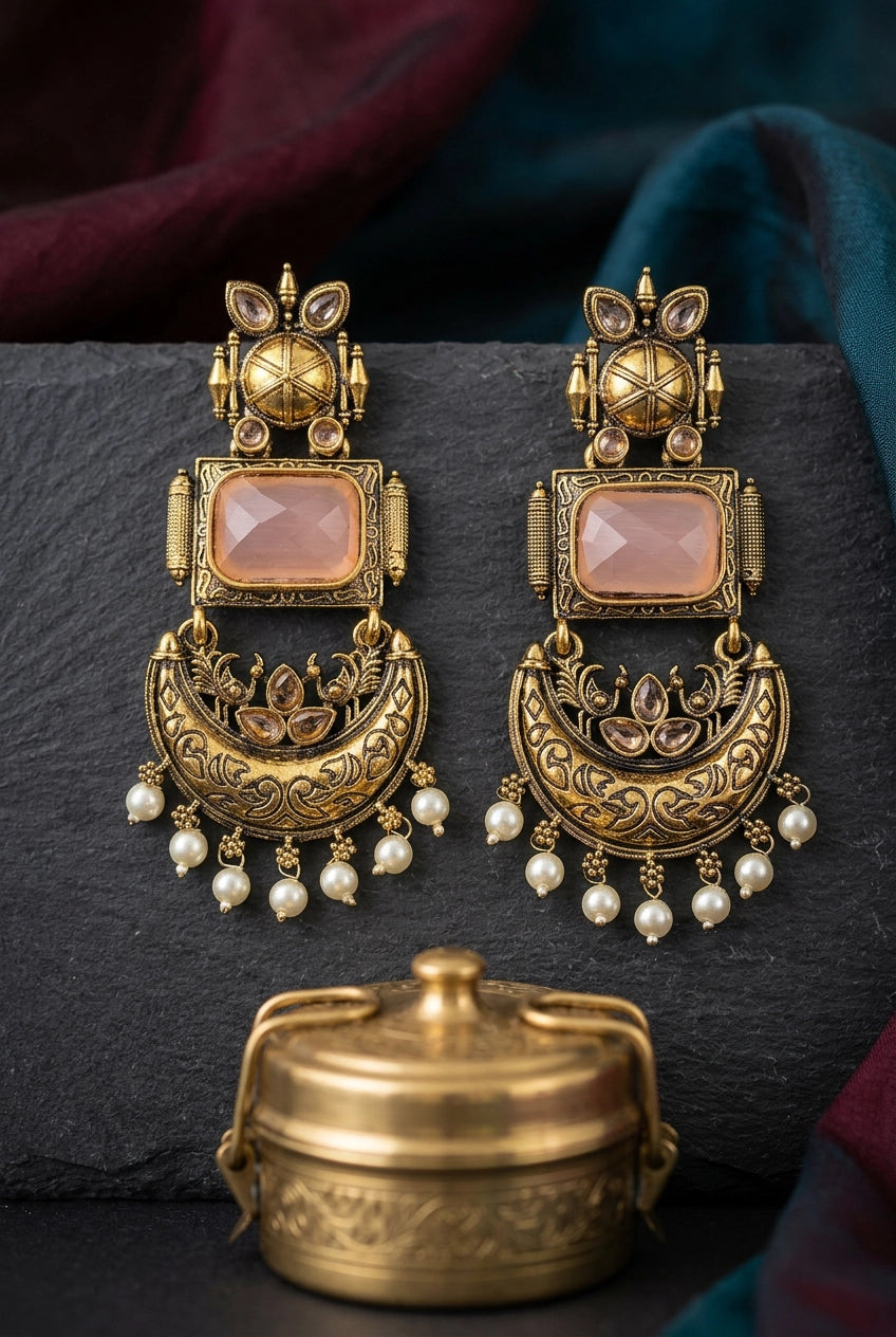 Traditional Antique Gold-Tone Statement Earrings with Pearl Drops and Coloured Stones - Pink