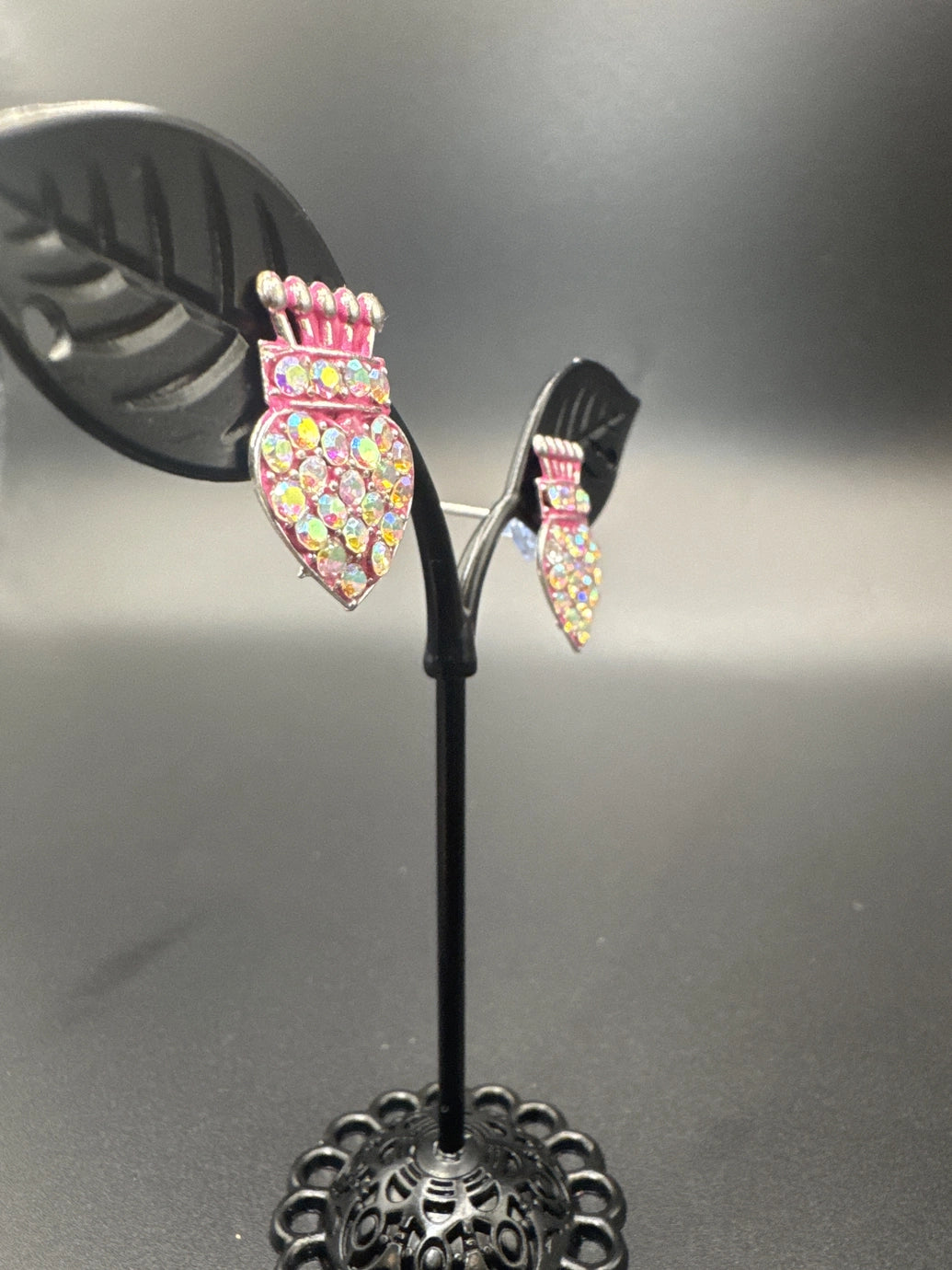 Crown Heart Rhinestone Stud Earrings – Pink, Blue & Brown, 0.75"