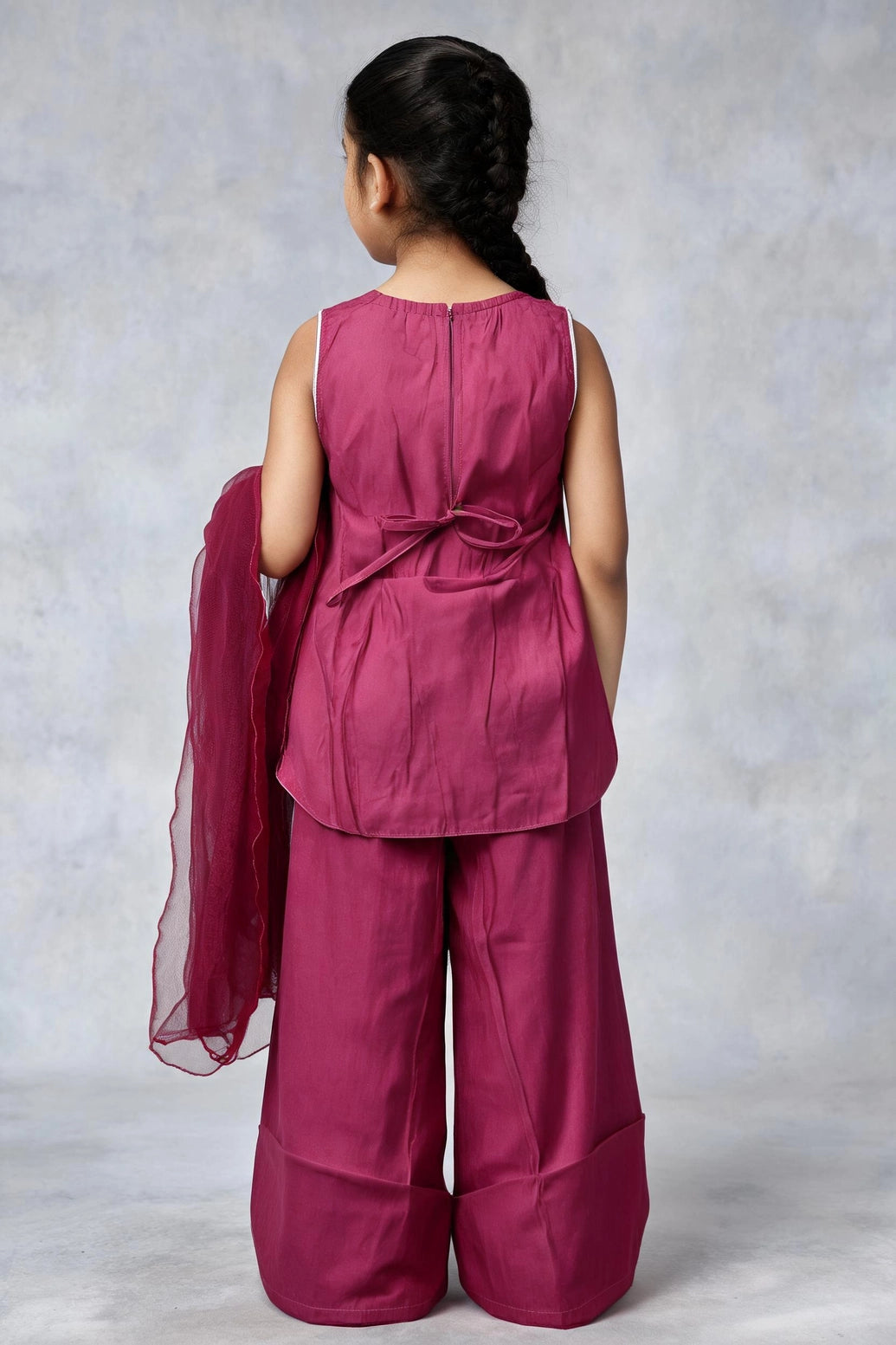 Girls Roman Silk 3-Piece Palazzo Set with Floral Detailing, Sleeveless Top & Dupatta (Pista Green/Pink/Purple) - Pink