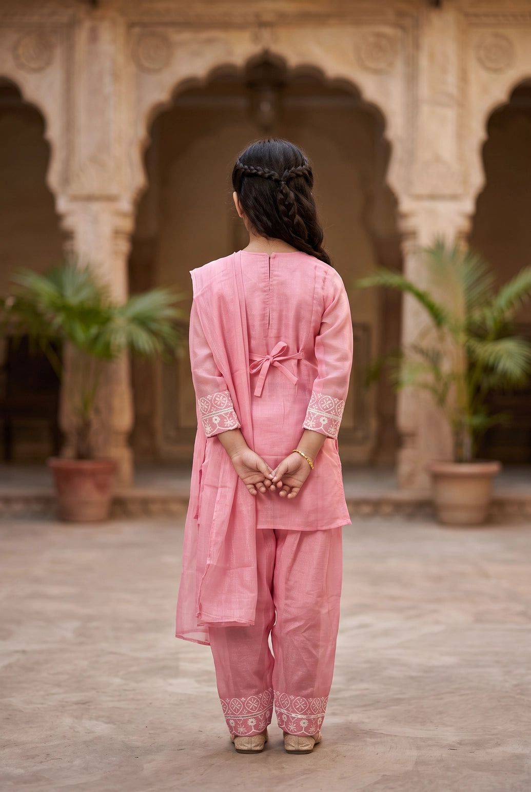 Girls Salwar Suit 3-Piece Set with Embroidered Kurti, Matching Salwar & Dupatta (Lavender/Pink/Pista Green) - Pink