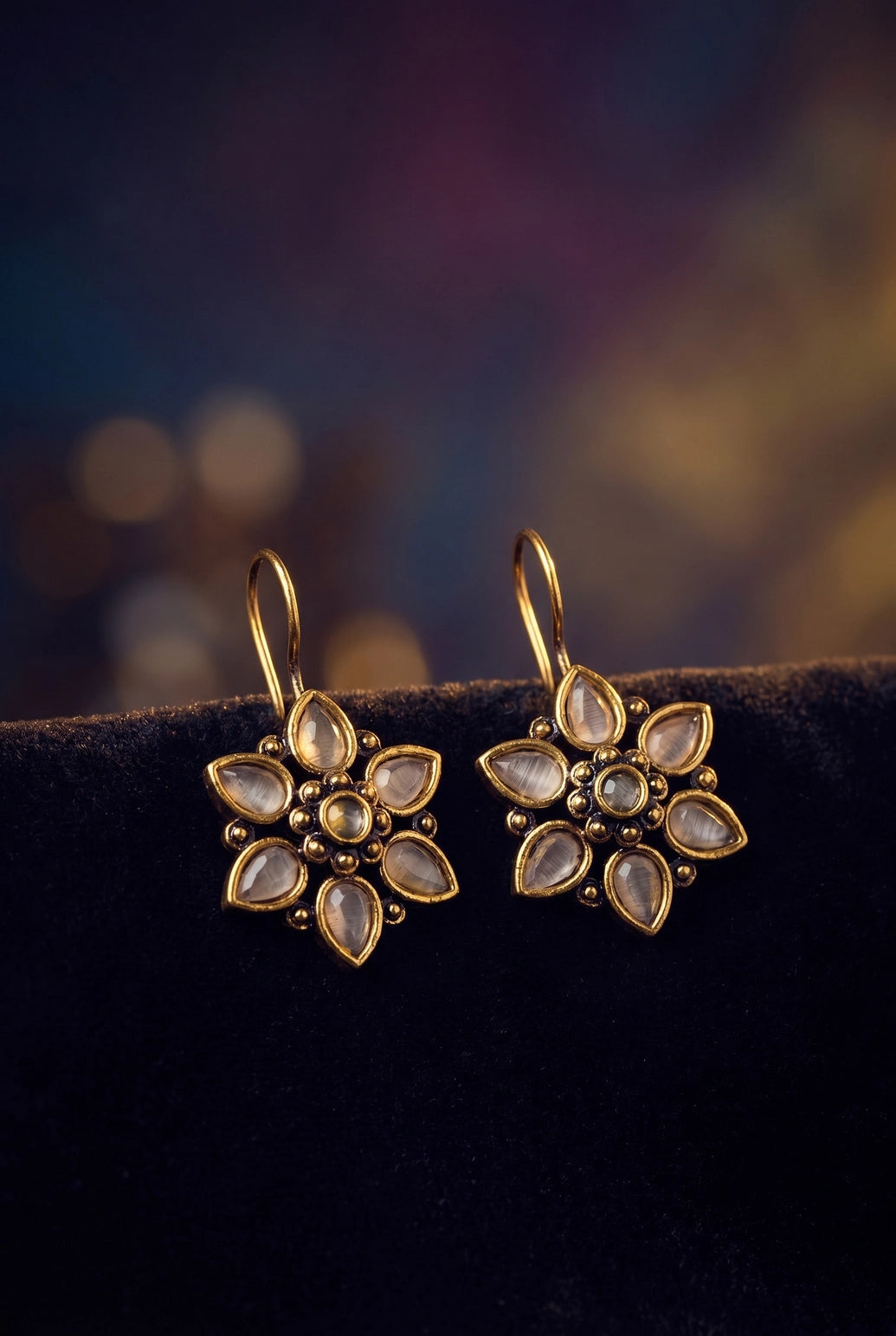 Antique Gold-Tone Floral Teardrop Stone Cluster Hook Earrings for Women - Pink
