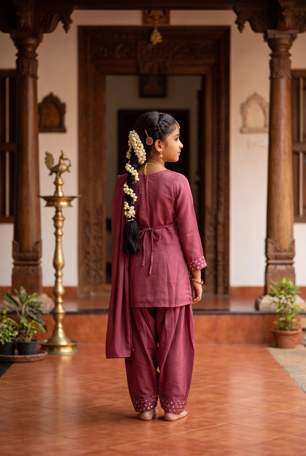 Girls Roman Silk 3-Piece Pakistani Suit Set with Embroidered Kurti, Salwar & Matching Dupatta - Pink