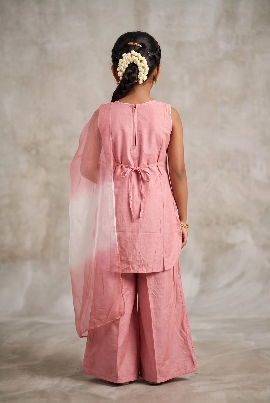 Girls Chanderi 3-Piece Palazzo Set with Embellished Sleeveless Kurti, Matching Palazzo & Dupatta - Pink