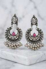 Oxidized Silver-Tone Crescent Jhumka Earrings with Floral Motifs & Beaded Drops, Red/Pink Stone - Pink