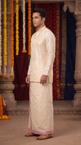 Men Off-White Cotton Dhoti with Woven Check Border and Zari Lines (2 Metre Single Veshti) - Pink
