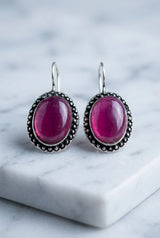 Oxidized Silver-Tone Oval Stone Drop Earrings, Dotted Antique Border, Pastel Green/Pink - Pink