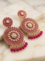 Antique Gold-Tone Ethnic Round Drop Earrings with Floral Stud & Bead Danglers (Multicolor Stone) - Pink